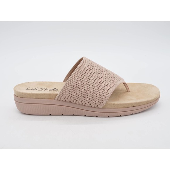 LifeStride Sandals Womens 10 Beige Fabric Platform Wedge Heel Toe Post Poolside - Picture 4 of 10